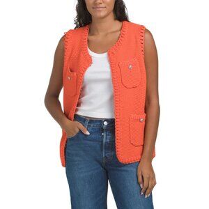 ELIE TAHARI Orange Sleeveless Scoop Neck Crochet Vest With Front Patch Pockets